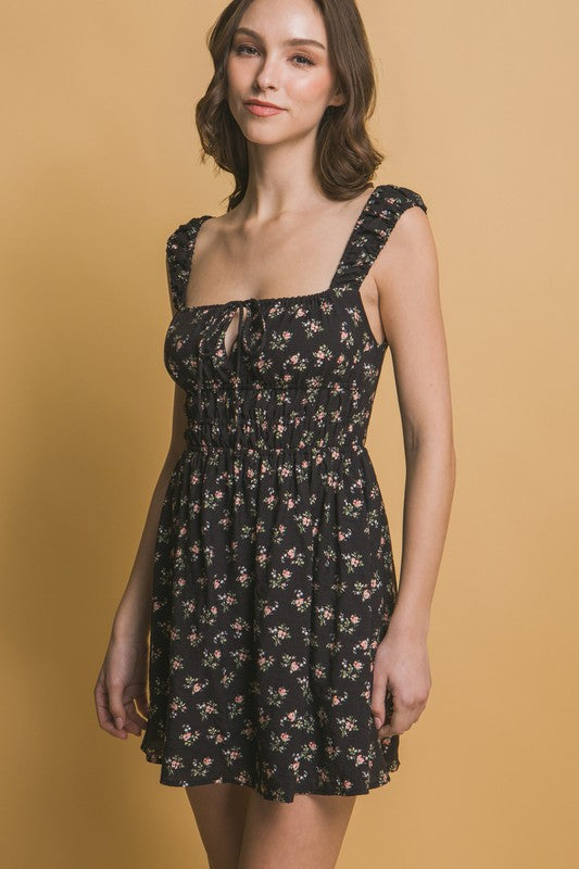 Floral Print Elastic Waist N Back Mini Dress