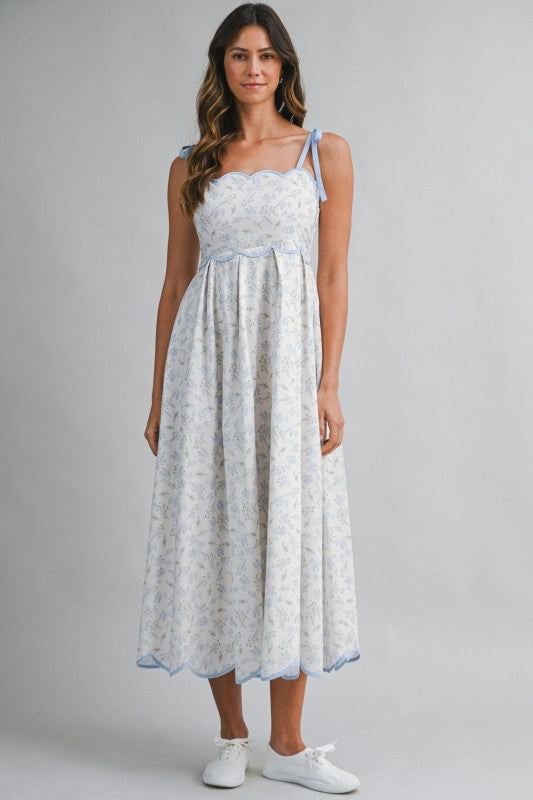 Floral Print Scallop Hem Contrast Self Tie Strap Midi Dress