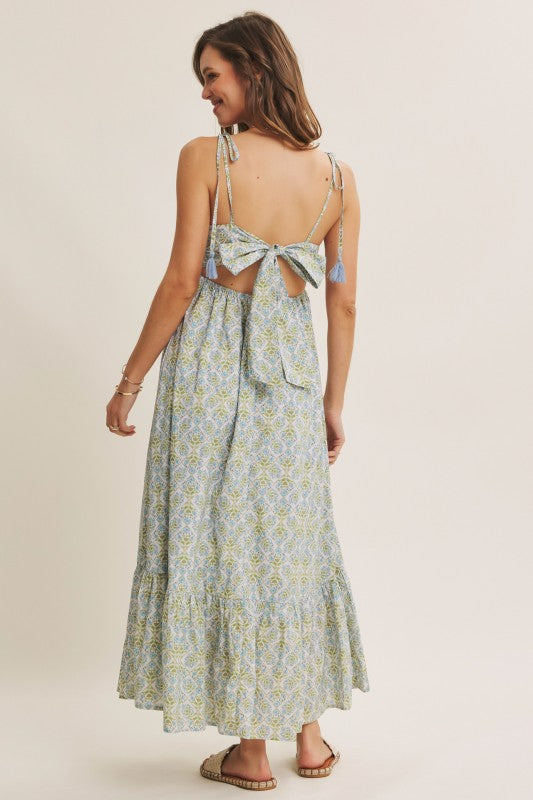 Garden Floral Open-back With Bow Cotton Midi Dress