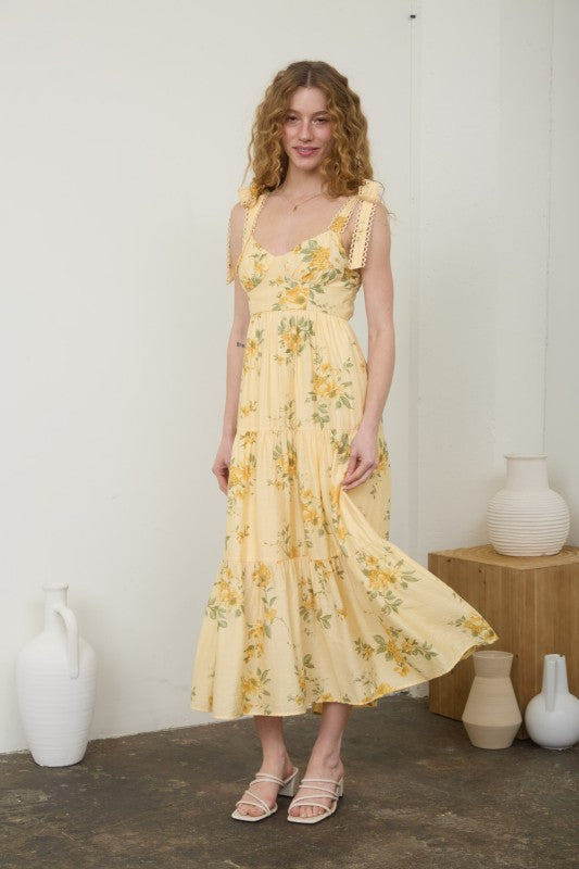 Floral Tie Strap With Scallop Lace Trim Midi Dress