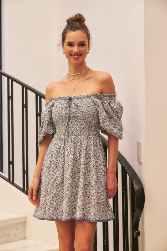 Romantic Ditsy Smocked Mini Dress With Bubble Slvs