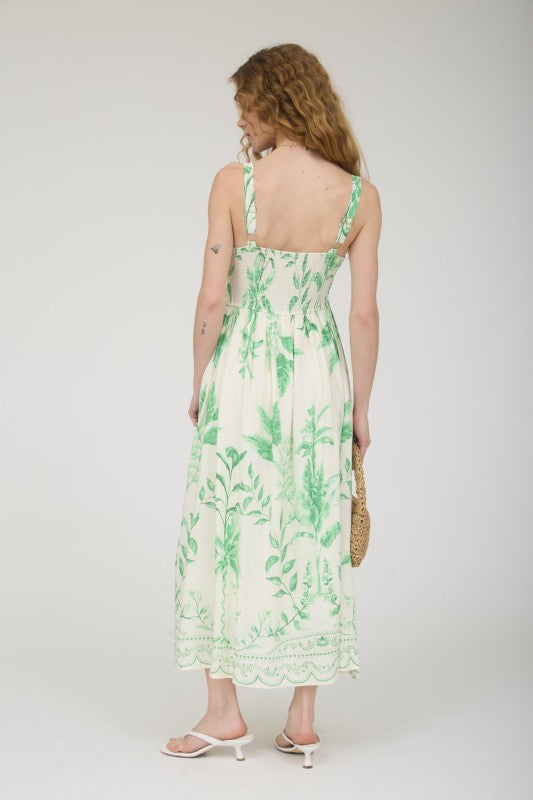 Leaf Print Scallop Detail Sleeveless Midi Dress