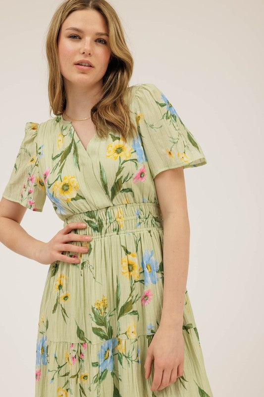 Multicolor Floral Short Sleeve Tiered Midi Dress
