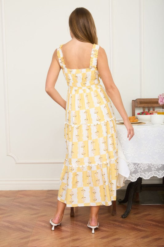 Floral Contrast Scallop Trim Sleeveless Midi Dress