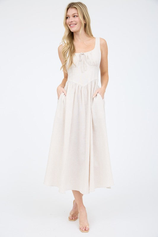 Stripe Sleeveless Corset Detail Midi Dress