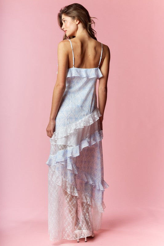 Coquette Printed Lace Mixed Ruffle Maxi Dress
