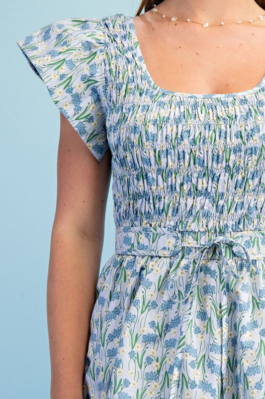 Floral Tiered Elastic Waist Midi Dress