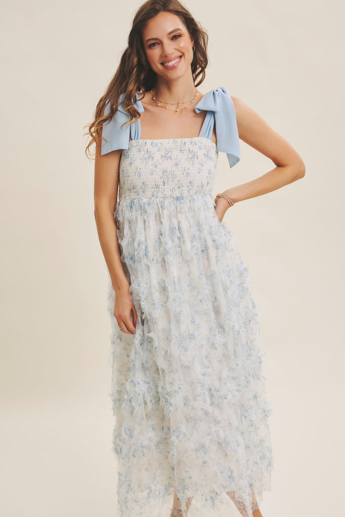 Textured Floral Smocked Midi Dress Tie Straps