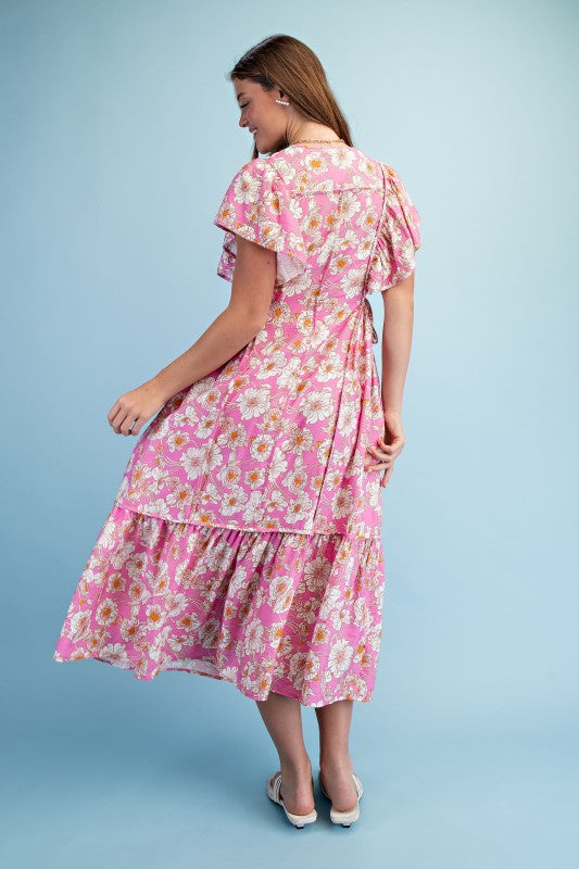 Vibrant Floral Print V-neck Midi Dress