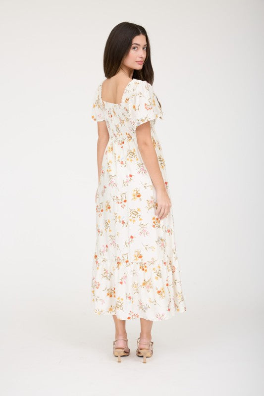 Floral Bell Sleeve Smocked Bust Midi Dress