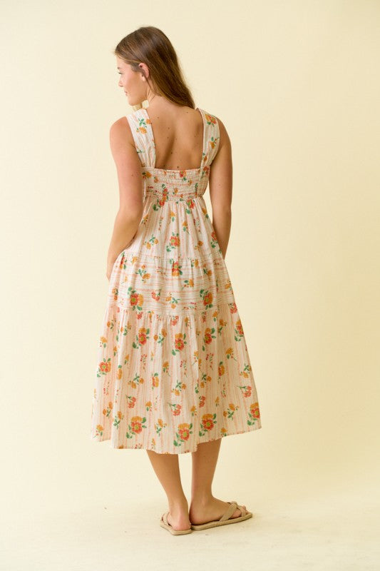 Floral Print Smocked Tiered Midi Dress