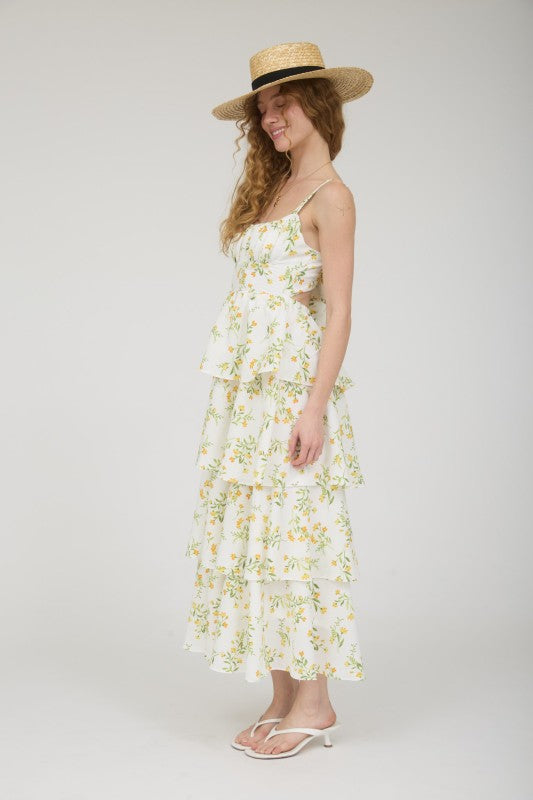 Floral Ruffle Tiered Back Tie Midi Dress