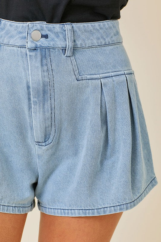 DOUBLE PLEAT DETAIL FIT AND FLARE DENIM SHORTS