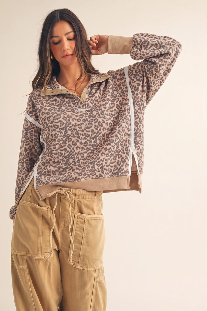 Leopard Untamed Signature Button Collar Pullover