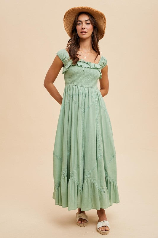 Smocked Maxi With Lace Trim Detail