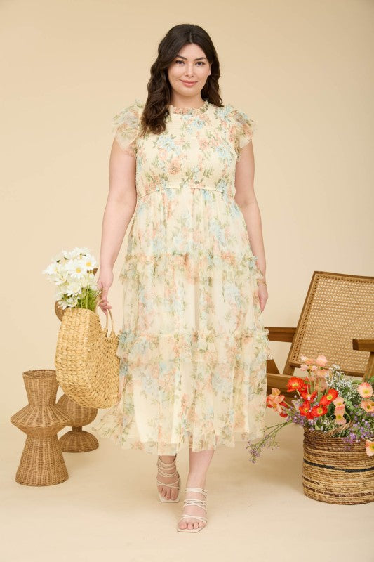 Plus Floral Tulle Pattern Smocked Midi Dress