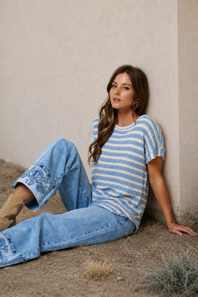 Textured Stripe Round Neck Dolman Sleeve Knit Top