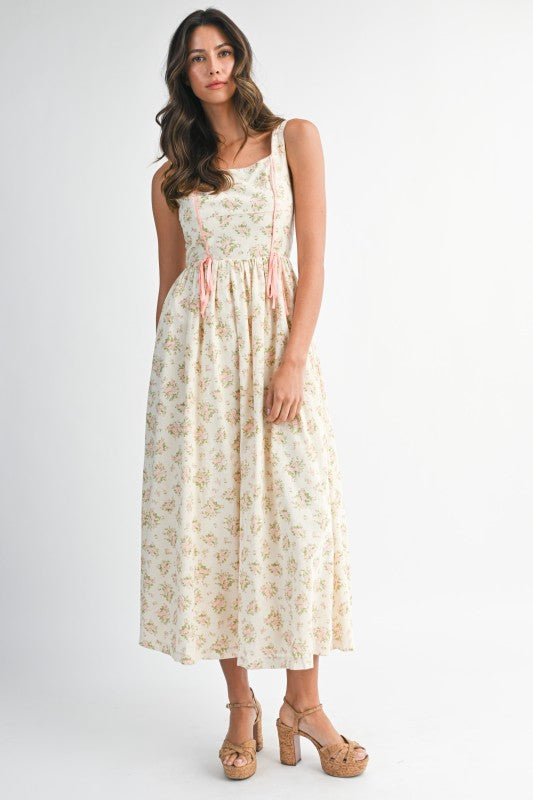 Floral Print Square Neck Contrast Pipinig Dress
