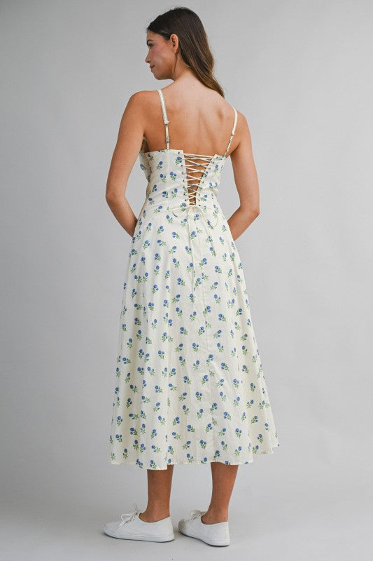 Floral Printed Lace Trim Back Lace Up Midi Dress