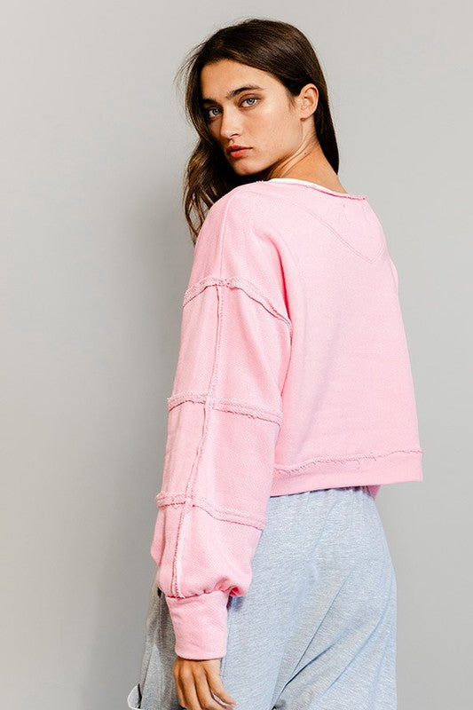 Raw-edge Detail Solid Terry Crop Pullover Top
