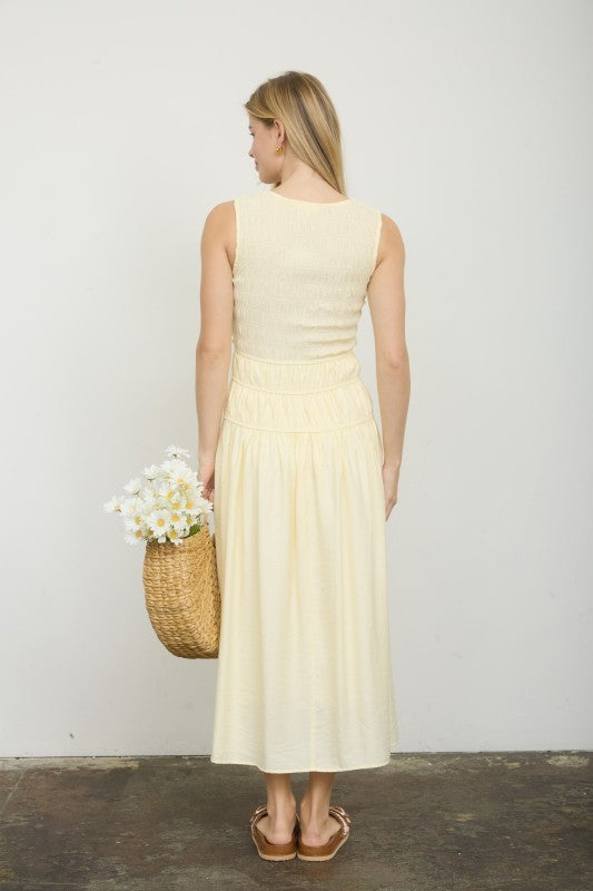 Front Tie Smocked Sleeveless Shirred Midi Dress