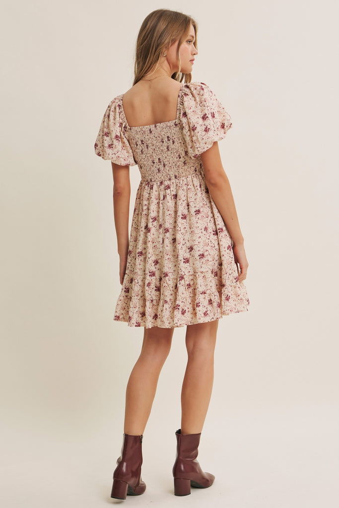 Autumn Garden Bow Smocked Mini Dress With Bubble Slvs