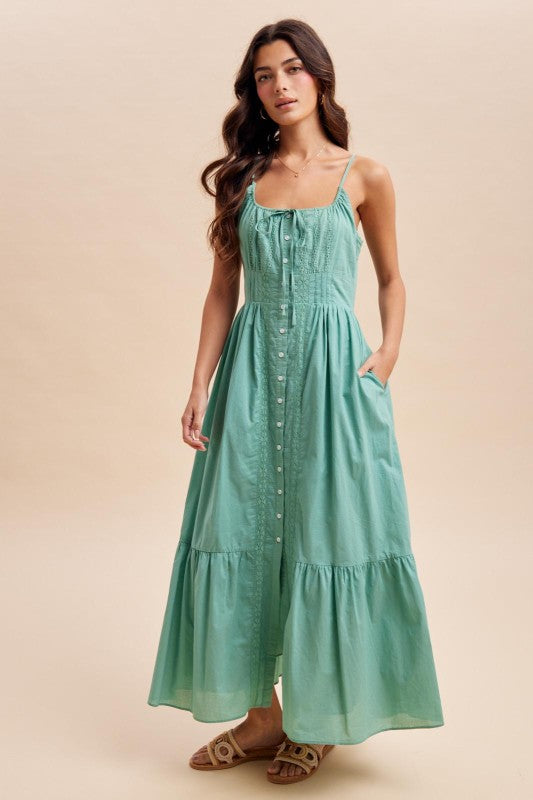 Gathered Cotton Button Down Maxi Dress