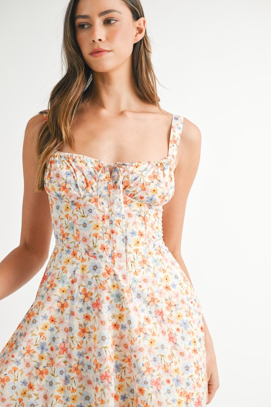 FLORAL PRINT BUSTIER BACK LACE UP MIDI DRESS