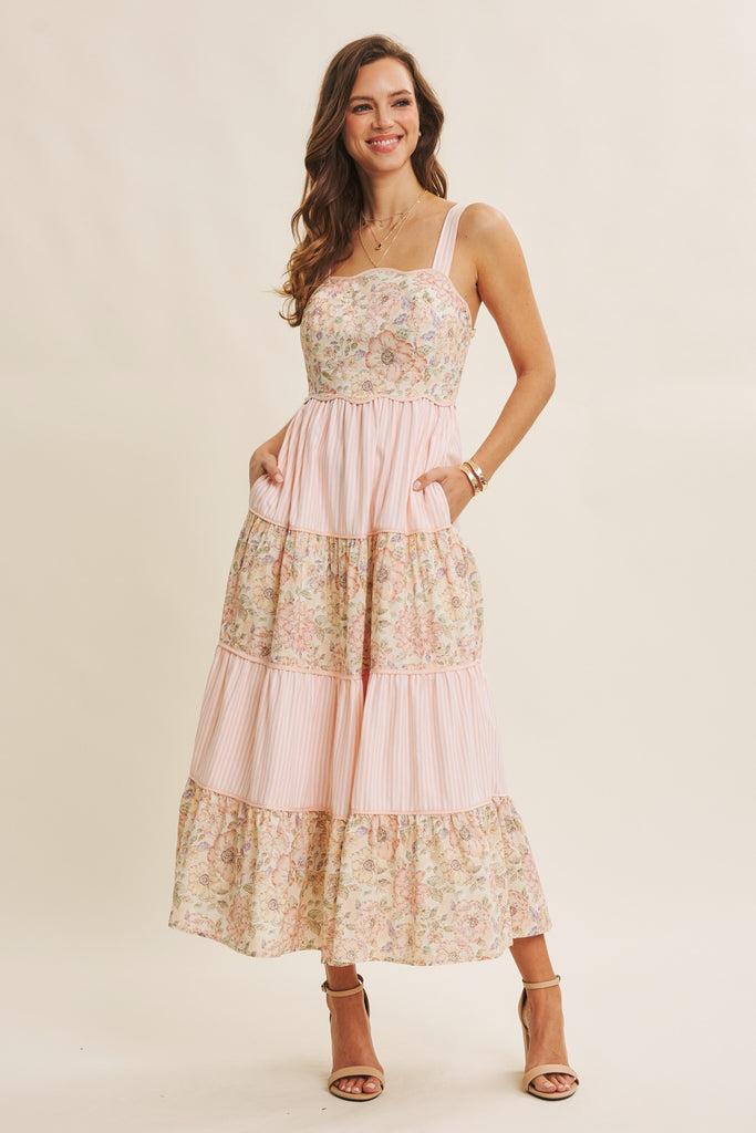 Dreamy Ideal Florals And Stripes Tiered Midi Dress