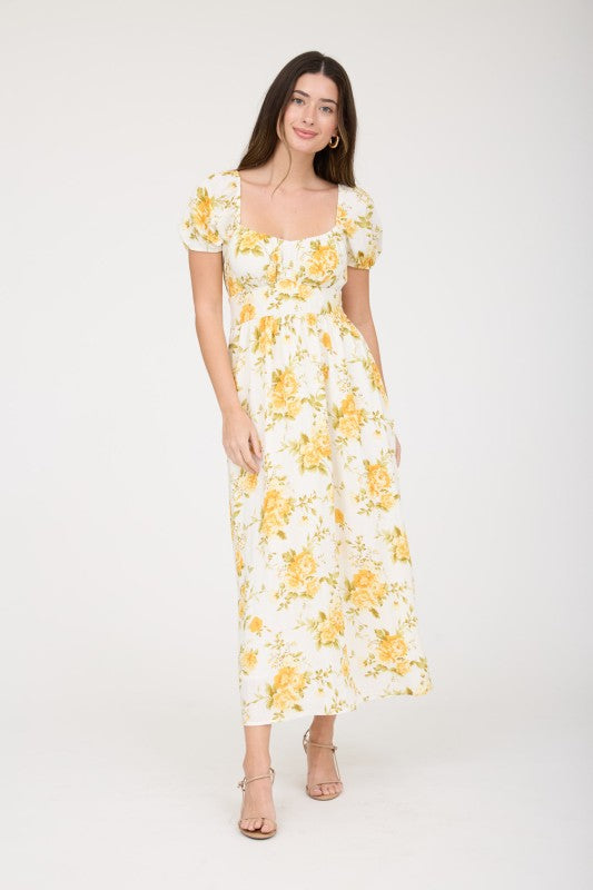 Floral Ruched Bust Puff Sleeve Midi Dress