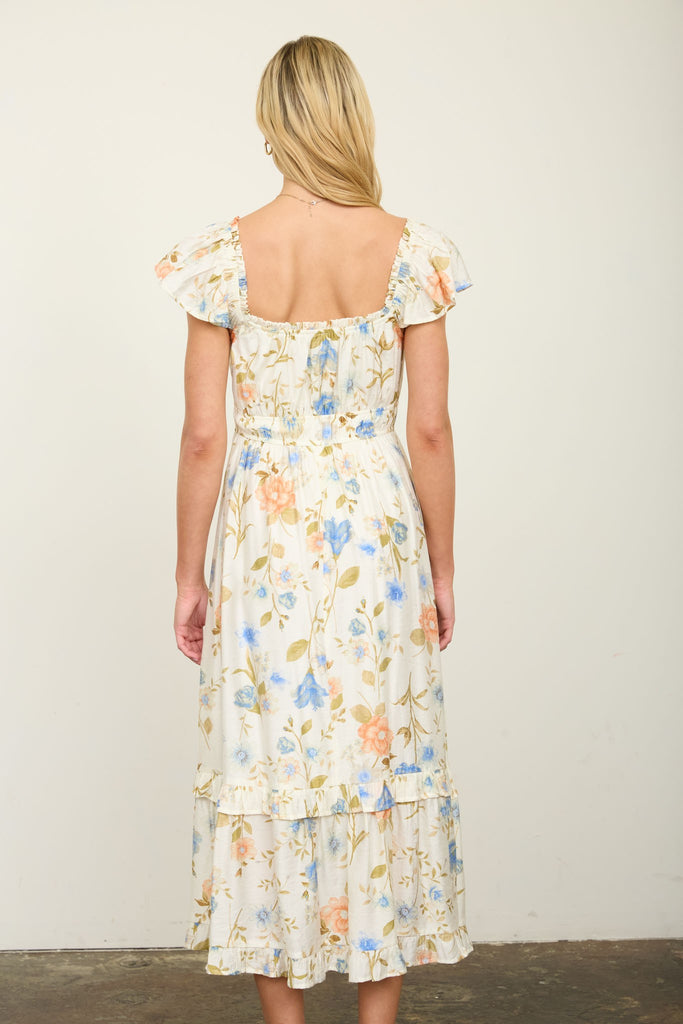 Floral Scoop Neck Ruffle Short Sleeve Midi Dress