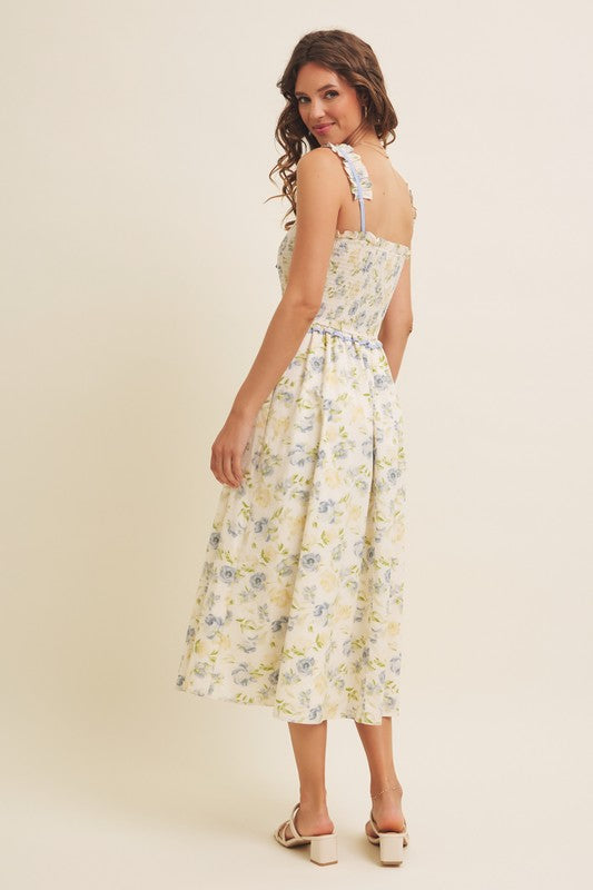 Lovely Floral Smocked Midi Dress With Bow