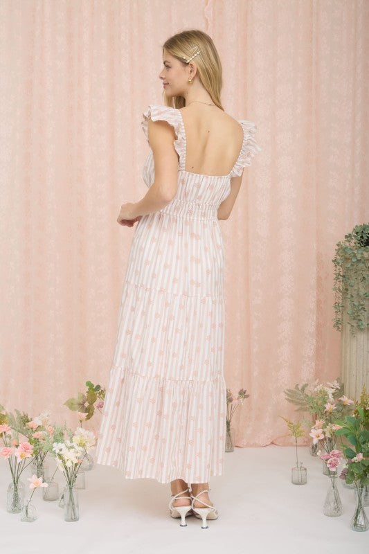 Stripe Floral Flounce Strap Tiered Midi Dress