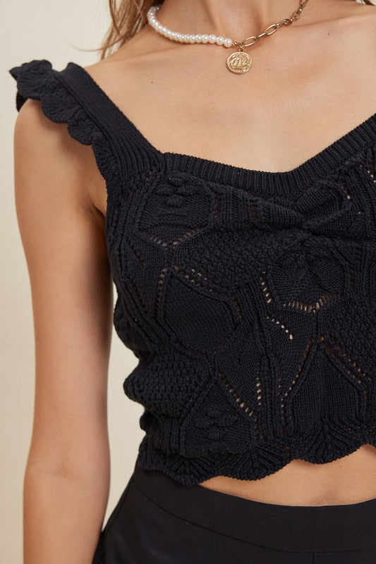 RUFFLE DETAILED POINTELLE KNIT TOP