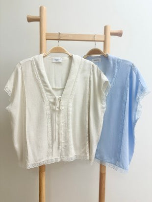 Linen Tie- Front Oversized Top With Lace Accent
