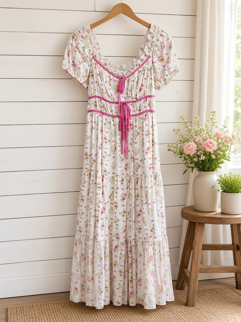 Floral Tile Print Contrast Tie Detail Midi Dress