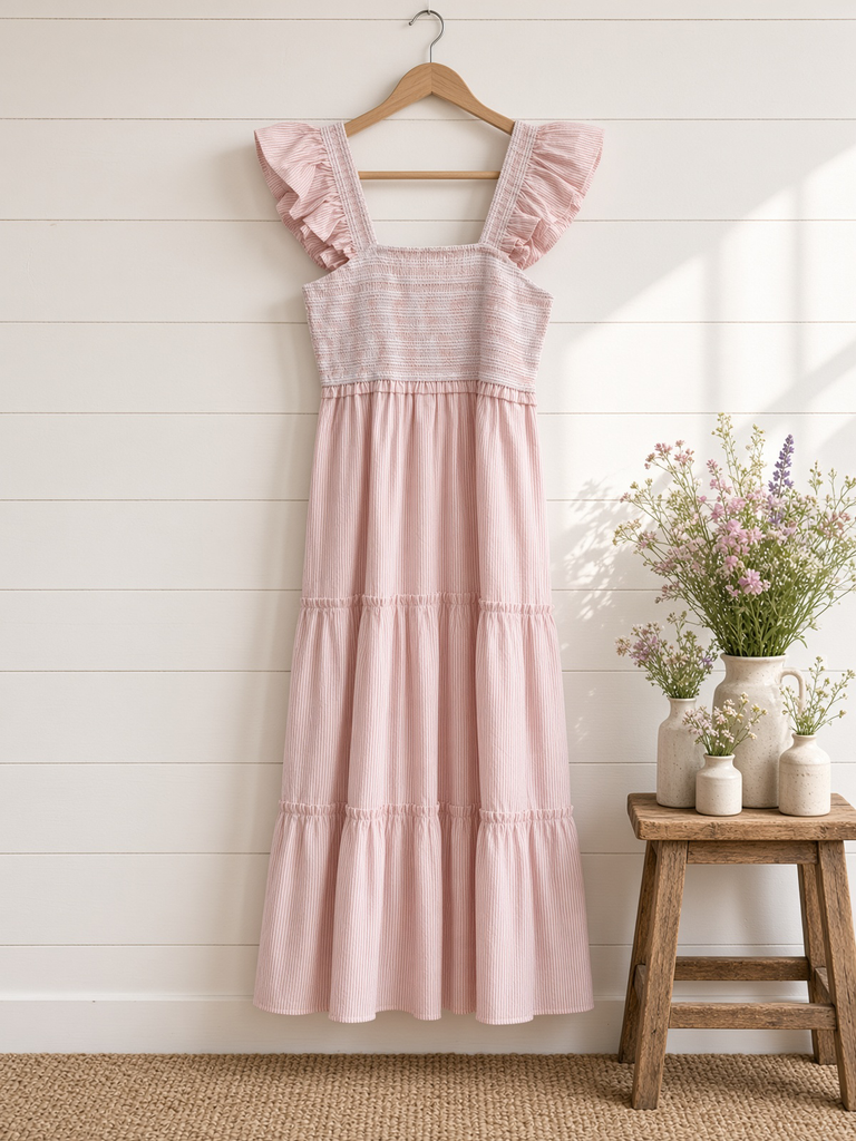 Smocked Ruffle Strap Tiered Midi Dress