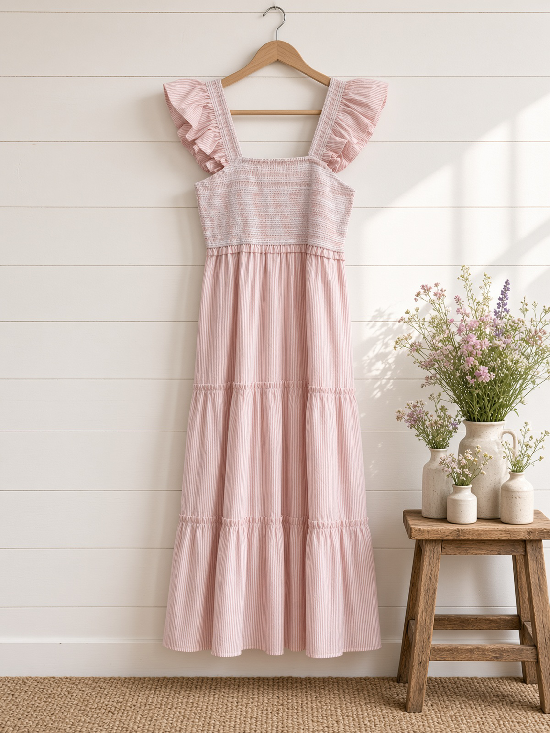 Smocked Ruffle Strap Tiered Midi Dress