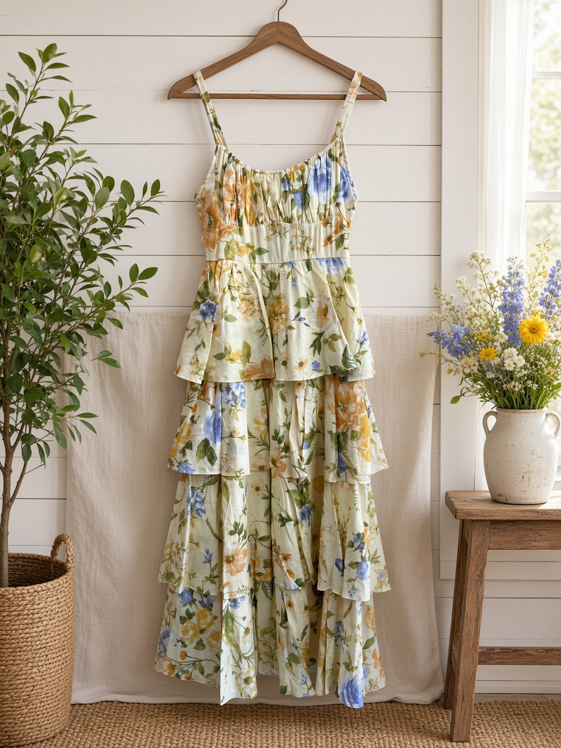 Floral Sleeveless Ruffle Tiered Skirt Midi Dress