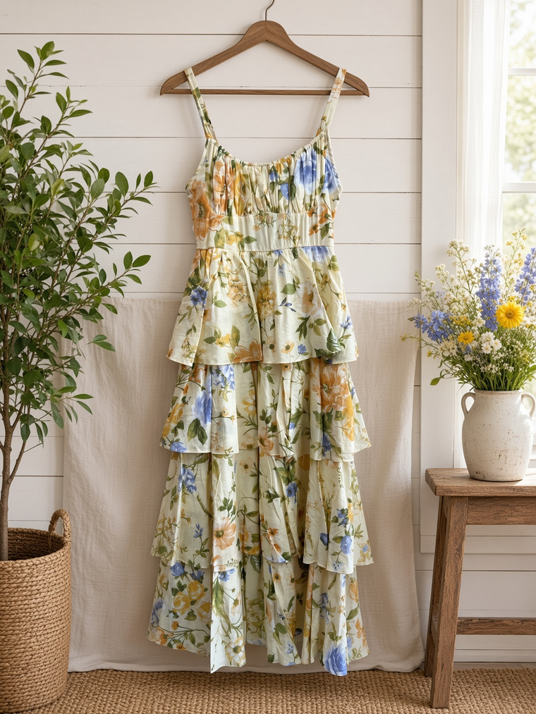Floral Sleeveless Ruffle Tiered Skirt Midi Dress