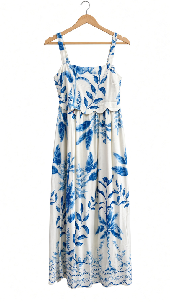Leaf Print Scallop Detail Sleeveless Midi Dress