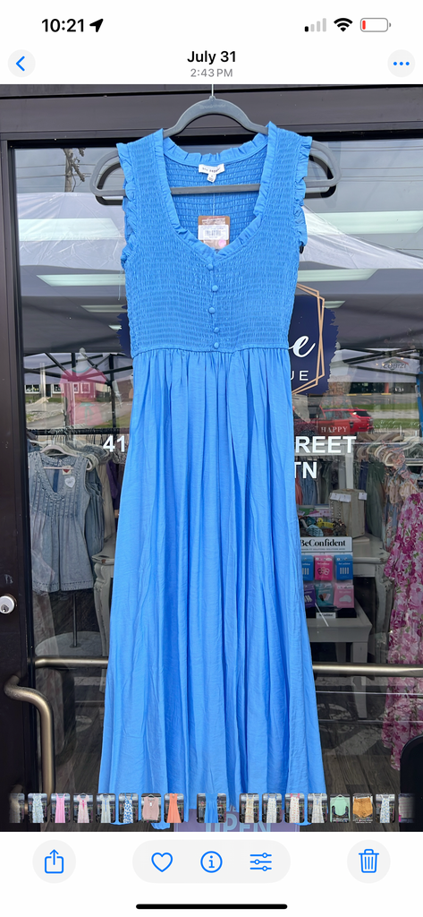 Sweetheart Smocked Mock Button Midi Dress