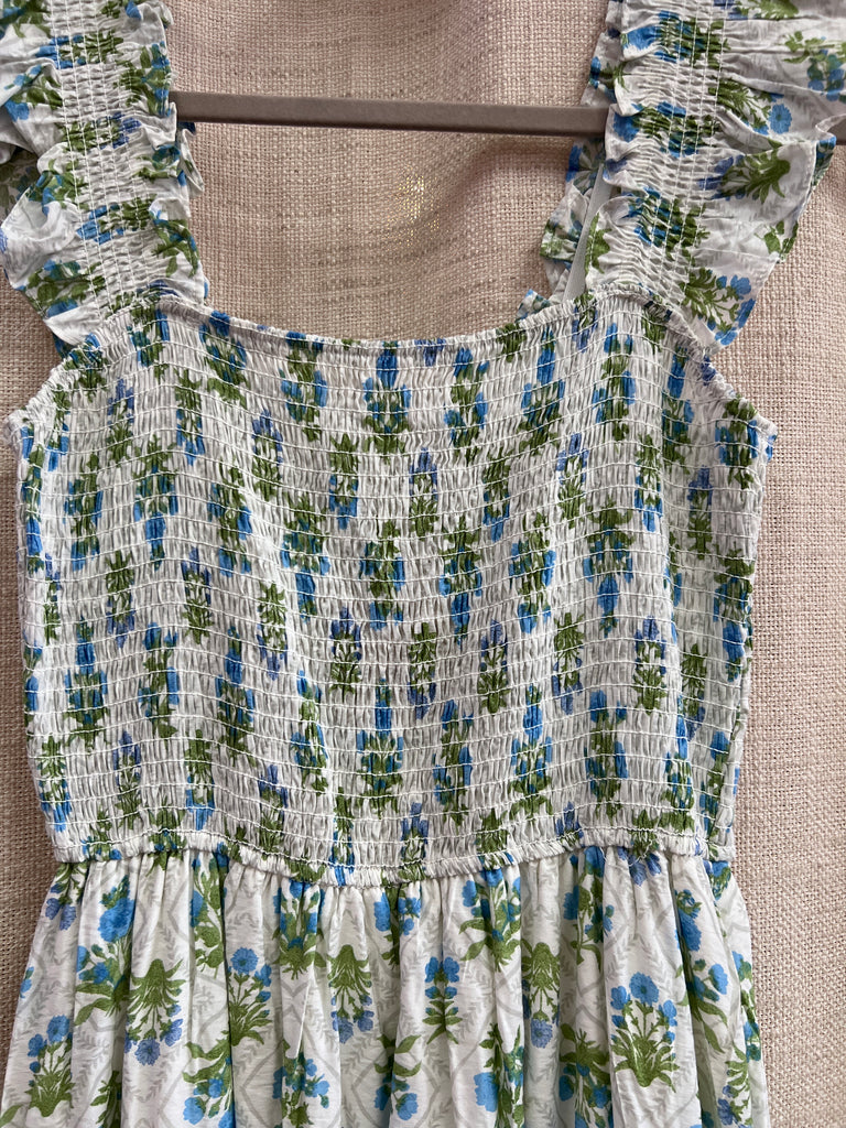 Floral Tile Pattern Smocked Sleeveless Midi Dress