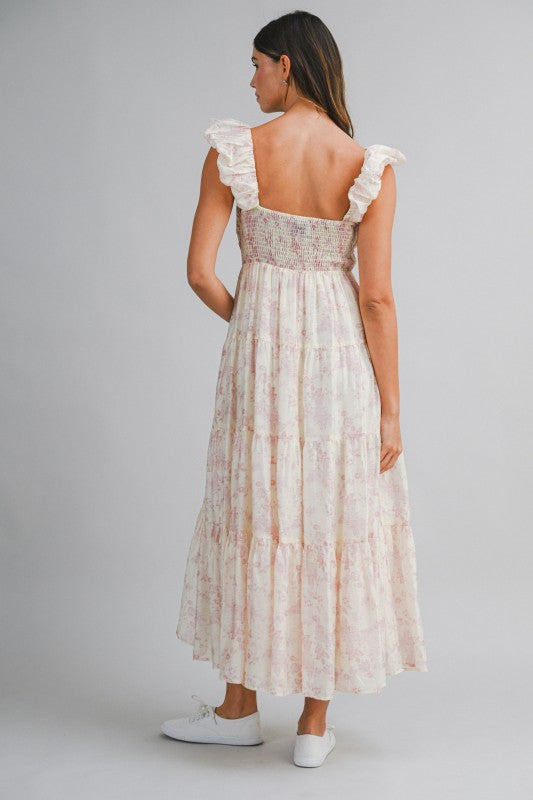 Floral Print Ruched Pleated Detail Midi Dress