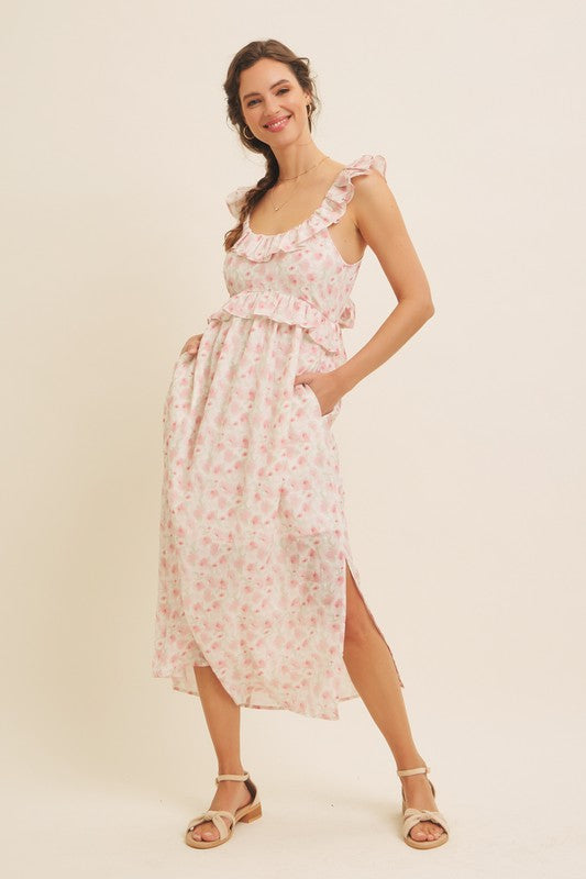 Romantic Floral Slit Midi Dress With Ruffles