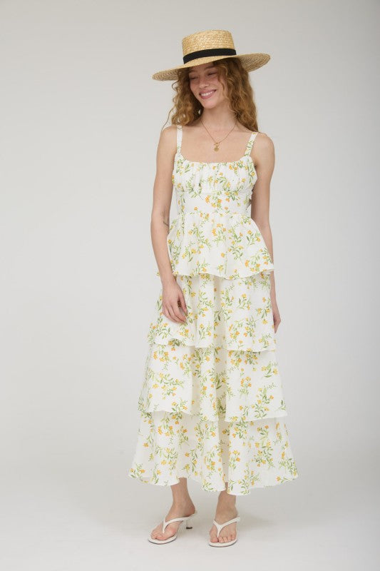 Floral Ruffle Tiered Back Tie Midi Dress