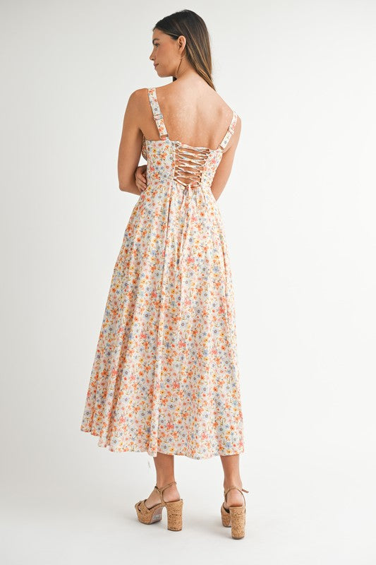 FLORAL PRINT BUSTIER BACK LACE UP MIDI DRESS