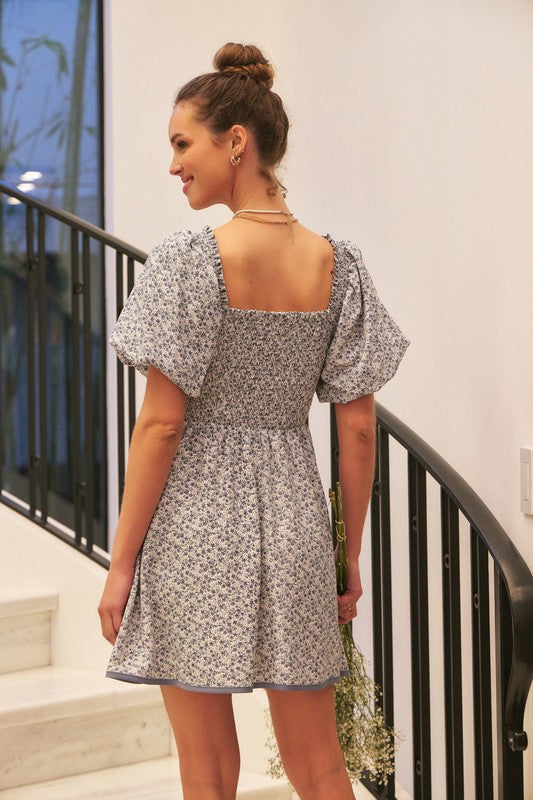 Romantic Ditsy Smocked Mini Dress With Bubble Slvs