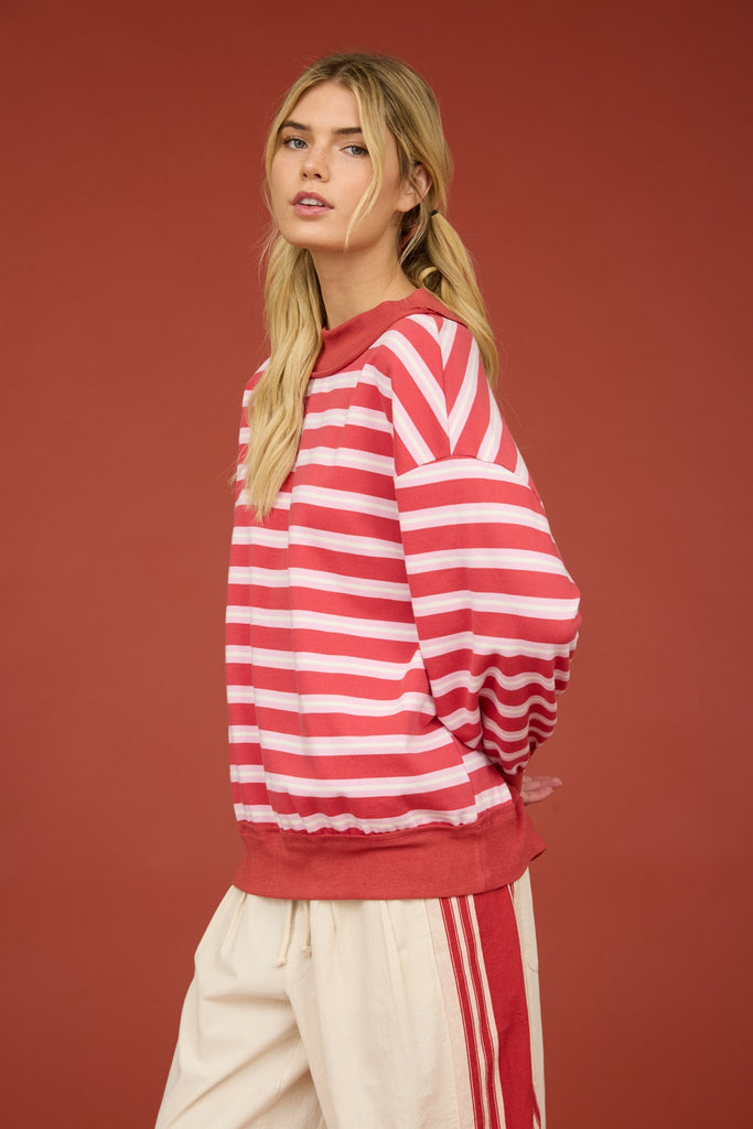 Contrast Wide Neck Long Sleeve Stripe Knit Top