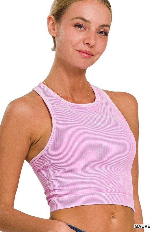 WASHED RIBBED SEAMLESS CROPPED TANK TOP W BRA PADS